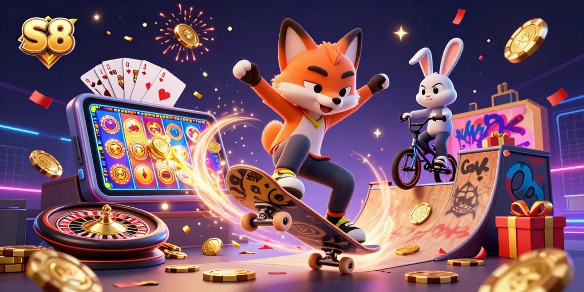 Explore the vibrant S8 scene with a skateboarder fox and BMX rabbit amidst casino games