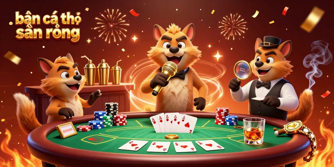 bắn cá thợ săn rồng themed comedy casino illustration with hyena characters performing and playing games.