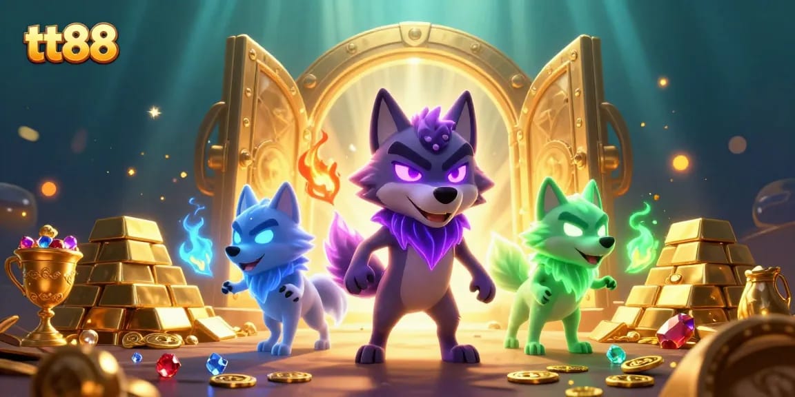 Engage with tt88's vibrant animated scene featuring mystical wolves and golden treasures in an online gaming environment.