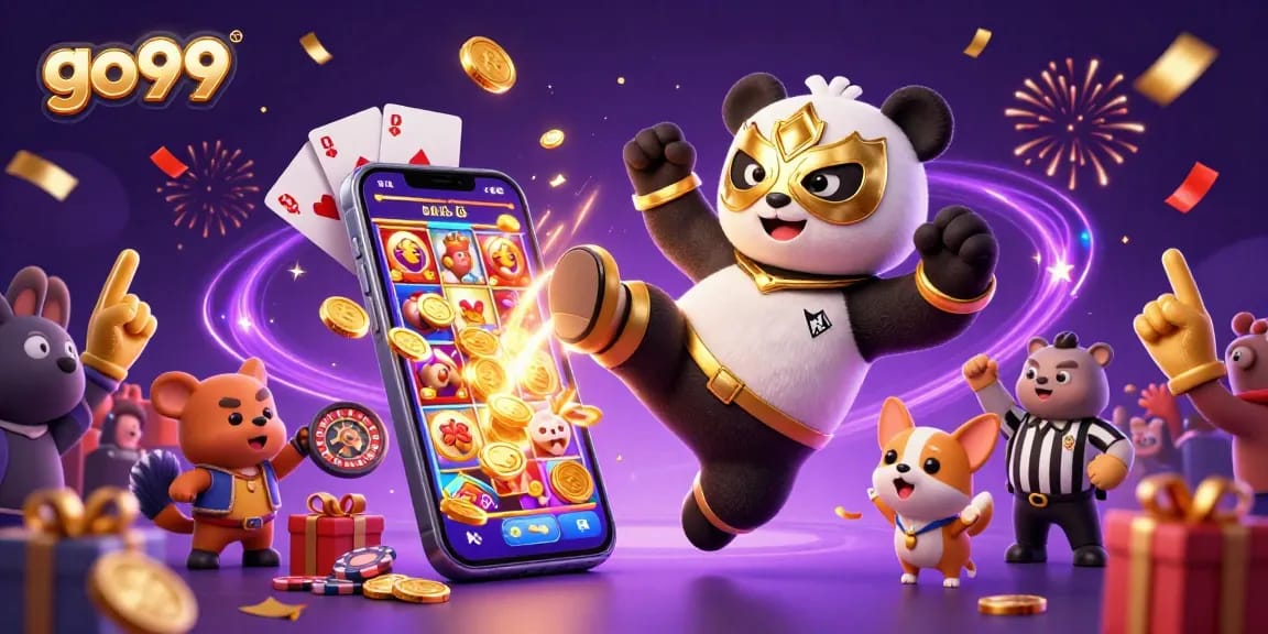 Experience thrilling gaming action at go99 with vibrant 3D illustration showcasing slot games and vibrant characters.