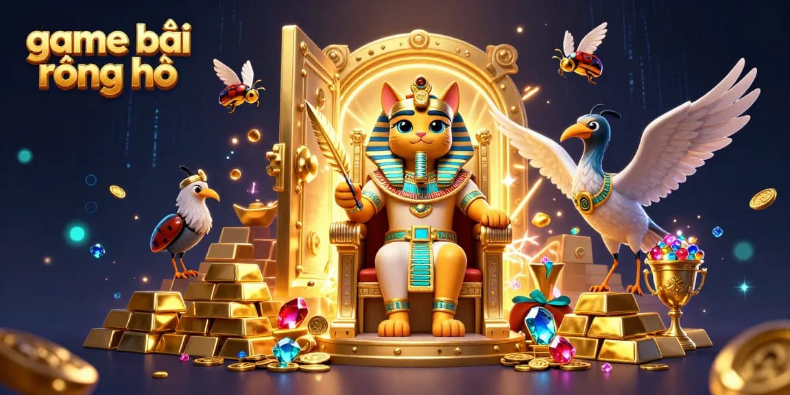 Engage in the exhilarating game bài rồng hổ with a vibrant illustration featuring a pharaoh cat and treasures.
