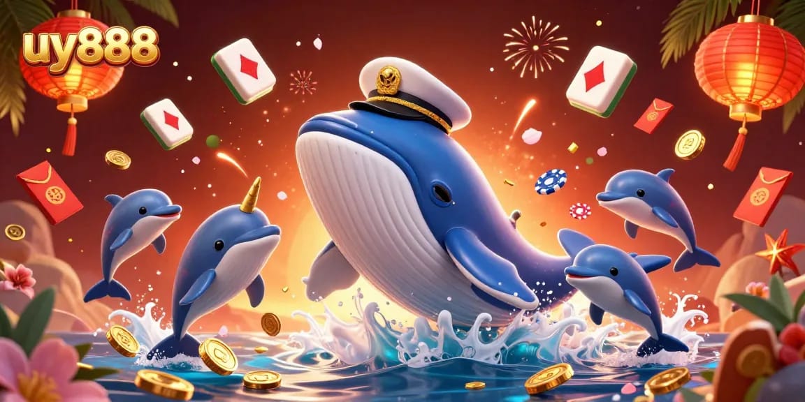Experience thrilling adventures at uy888 casino with playful dolphins showcasing poker chips and a majestic whale.