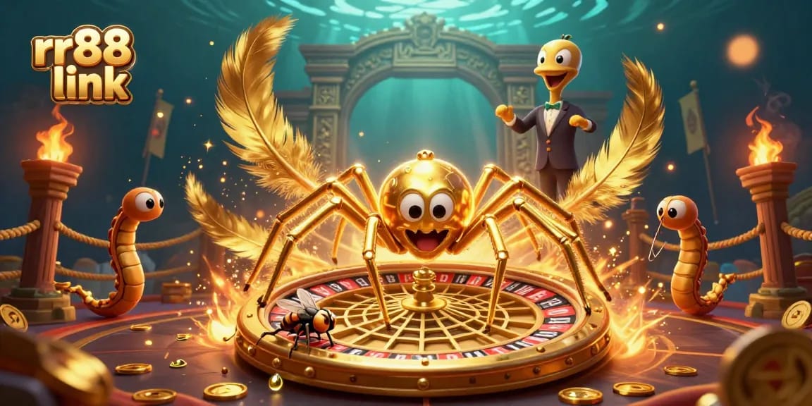 Experience the thrilling rr88 link casino atmosphere with a golden spider and nervous fly in action.