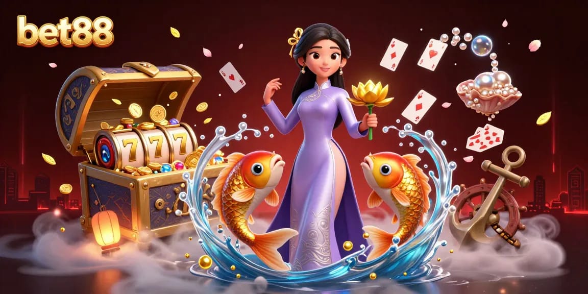 Win at bet88 with vibrant slots and golden koi in an enchanting casino scene.