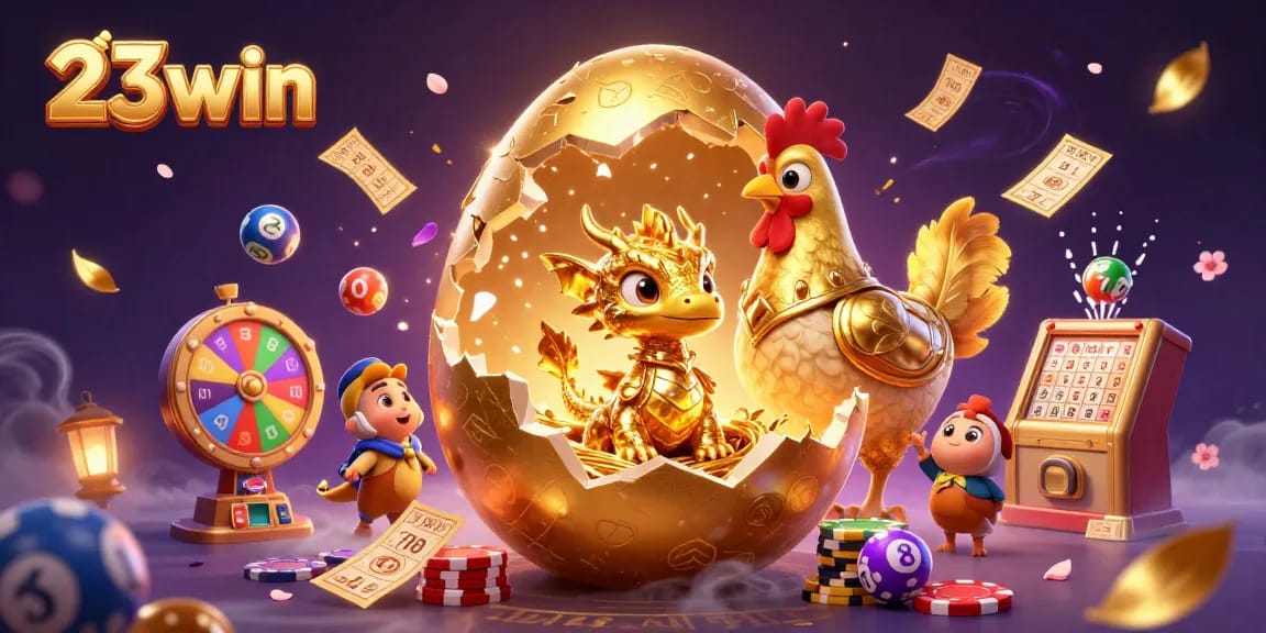 Engage with the thrilling world of 23win as a golden dragon hatches amidst casino elements.
