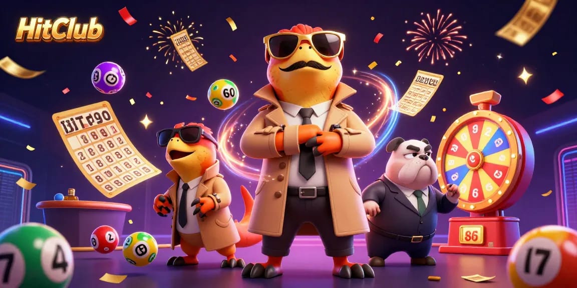 HitClub presents raptors in a trench coat entering a casino, surrounded by vibrant lottery game elements.