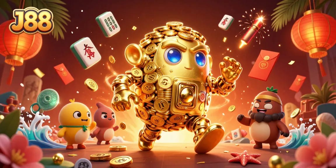 Engage with J88's vibrant casino world, where a golden golem entices players with exciting gaming adventures.