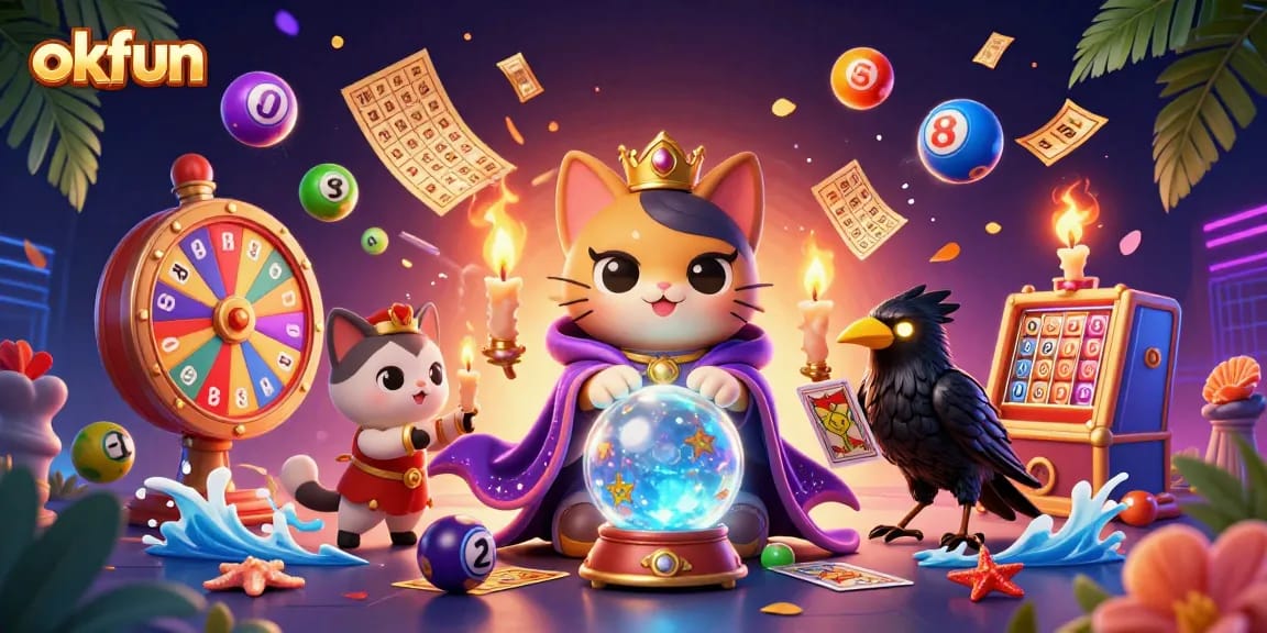 Spin and win with okfun, featuring a mystic cat, tarot raven, and vibrant gambling elements.
