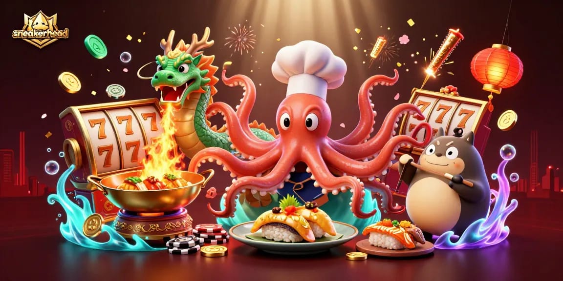 Engage in the sneakerhead experience as a cartoon octopus chef spins wild slots.