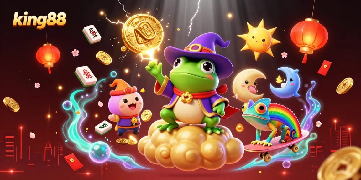 Experience thrilling action and wins with king88 amidst a vibrant casino atmosphere of golden coins and exciting game elements.