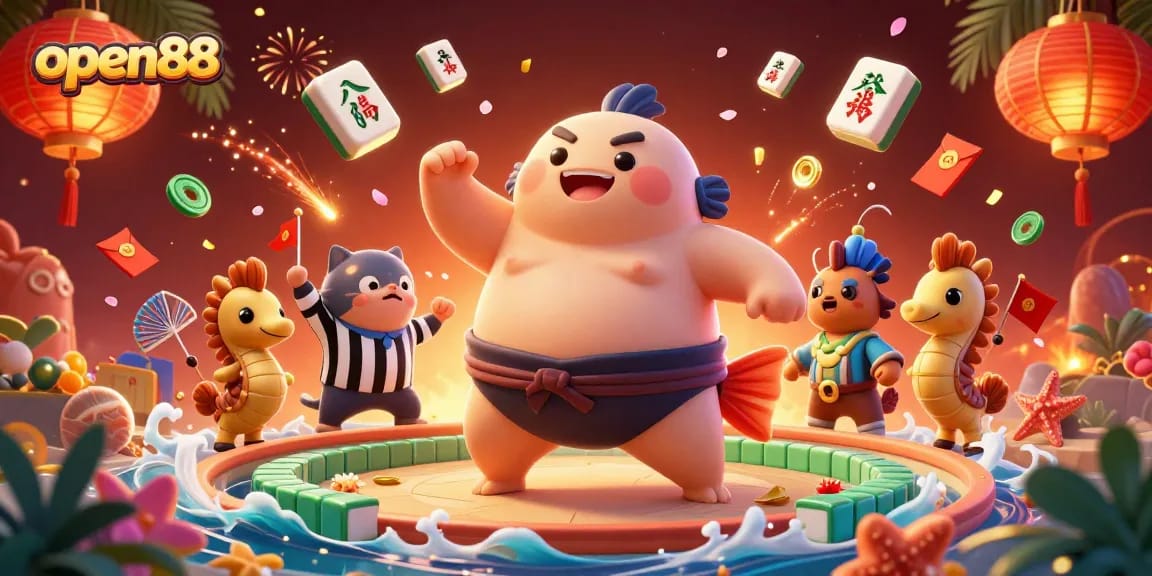 Experience thrilling gaming at open88 with a lively arena featuring a fugu champion in action.