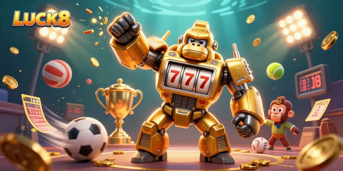 Experience LUCK8 with an exciting 3D casino mech bursting with coins and sports elements.