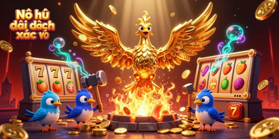 Nổ hũ đại dịch xác sống showcases a vibrant slot machine scene with a golden phoenix and casino elements.