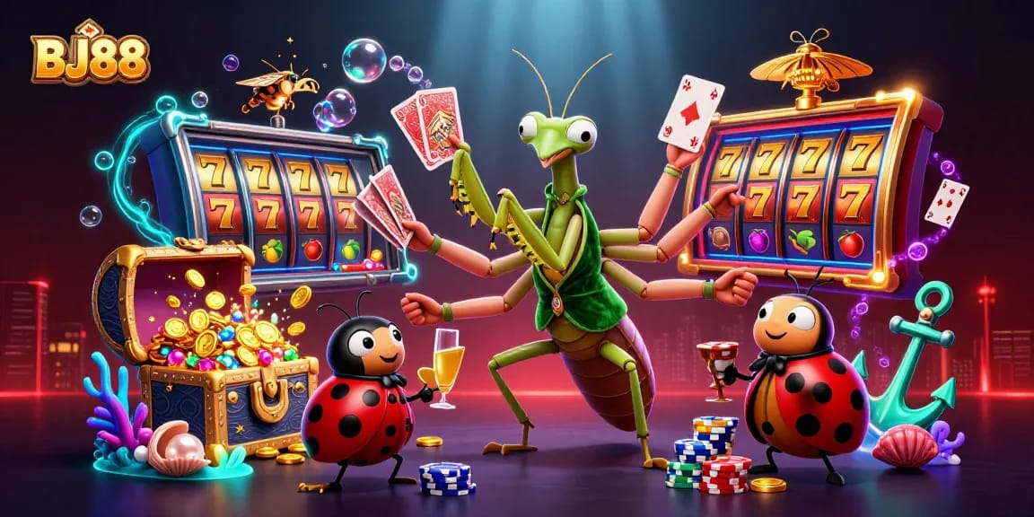 BJ88 showcases a vibrant casino scene with a giant card sharp and ladybug pit boss for an immersive online betting experience.