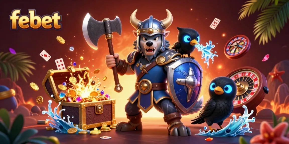 Experience thrilling gameplay with febet's Viking warrior, dragon, and treasures in a dynamic casino scene.