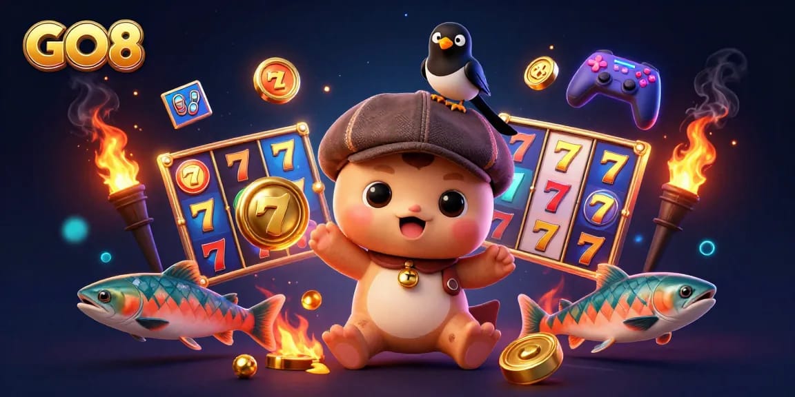 Spin the excitement at GO8 casino, featuring charming cartoon characters among vibrant slot reels and jackpots.