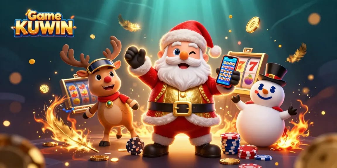 Experience Game KUWIN with a festive scene featuring Santa, a reindeer dealer, and a poker chip snowman.