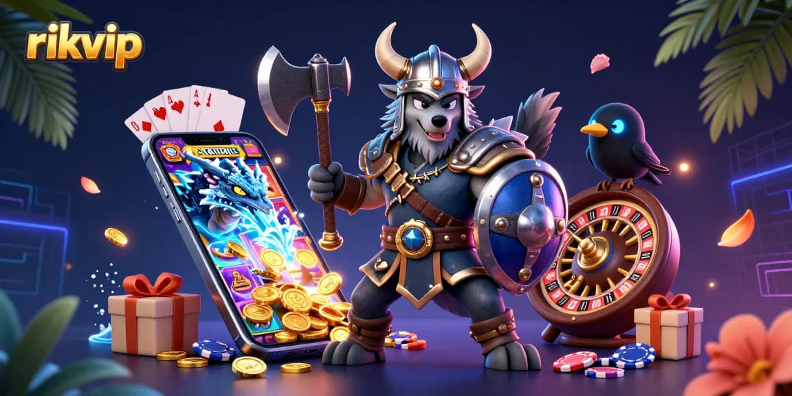 Engage with rikvip's exciting slot games featuring a Viking warrior, dragon, and dynamic casino elements.