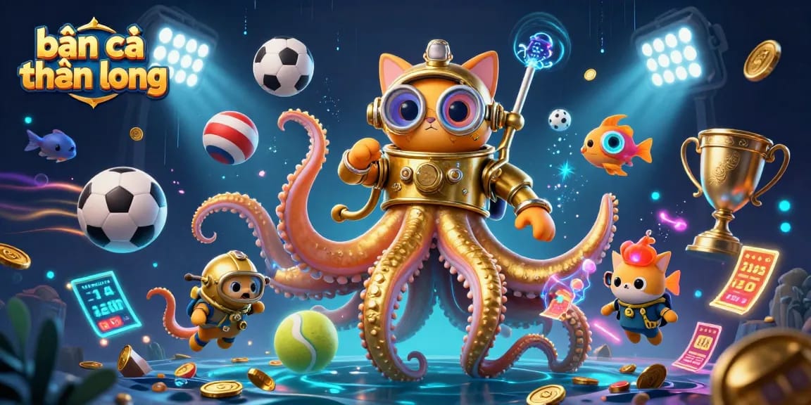 bắn cá thần long game with a colossal kraken and diving cat amidst vibrant sports elements.
