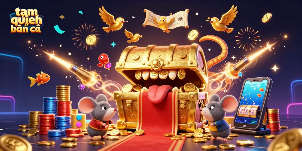 Engage in the thrill of tam tiên bắn cá with vibrant scenes of color and excitement, showcasing game features and treasures.