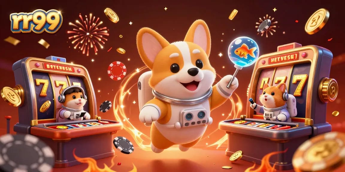 Experience thrilling wins on rr99 with an astronaut corgi and vibrant casino elements.
