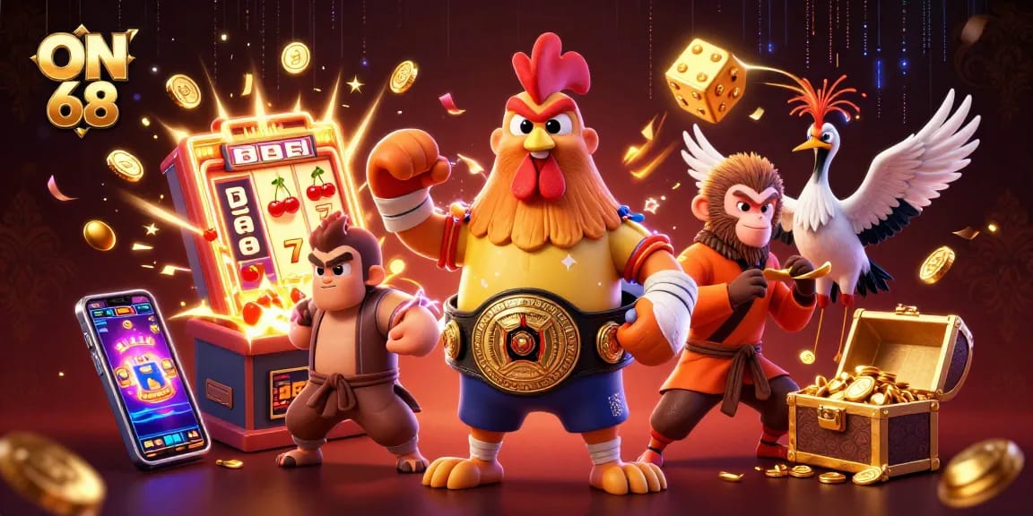 Experience thrilling gameplay and jackpots at ON 68 with vibrant characters and casino elements.