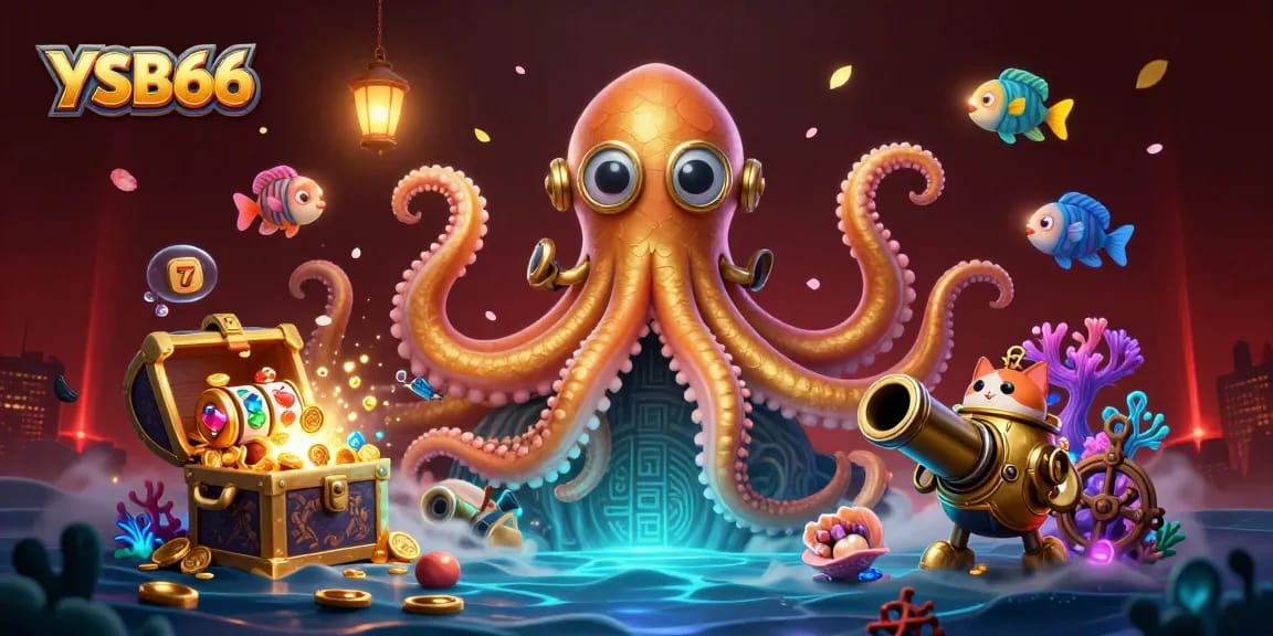 Experience YSB66 with a colossal kraken and a diving cat in an exciting casino adventure scene.