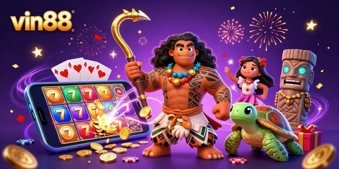 Experience vin88’s vibrant gaming scene showcasing exciting slots, golden fish hook, and magical elements.