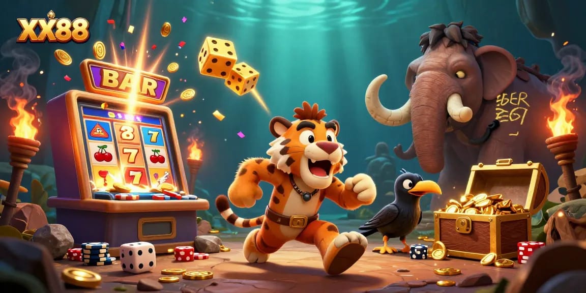 Experience the excitement of XX88 with a lively prehistoric casino theme featuring dynamic characters and games.