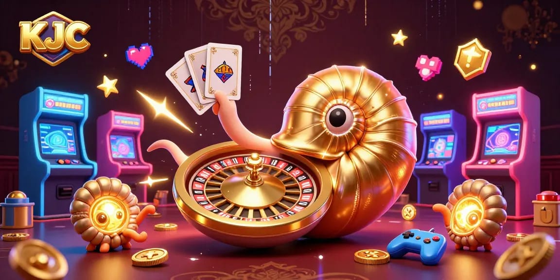 KJC showcases a vibrant 3D casino scene highlighting a giant nautilus roulette and glowing game elements.