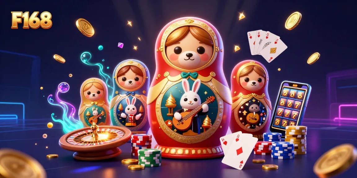 Experience exciting F168 casino thrills with a colorful scene of playful bears, jewels, and dynamic gaming elements.