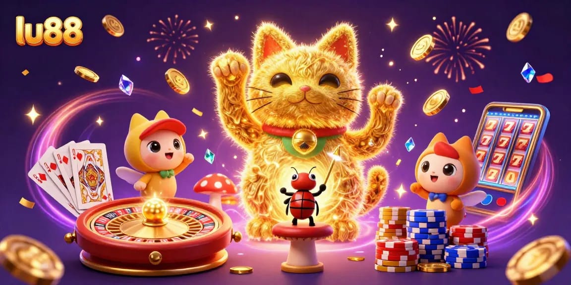 Experience the magic of lu88 with a dazzling lucky cat and casino symbols showcasing vibrant games and rewards.