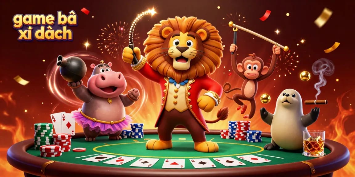 Experience the thrill of game bài xì dách with lively 3D circus characters at a dynamic poker table.