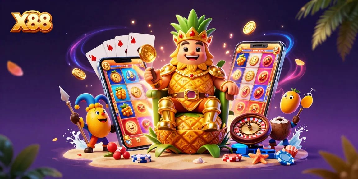 X88 captivates players with a vibrant casino world led by a golden pineapple king, showcasing exciting slot game elements.
