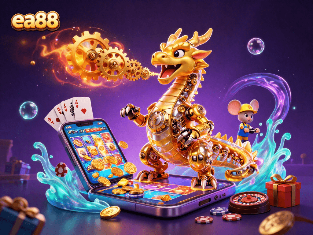 ea88 offers an exciting gaming experience with spinning reels and golden coins erupting from screens.