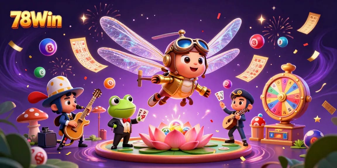 Experience thrilling gaming action with 78Win at a lily pad casino featuring a dragonfly pilot and frog dealer.