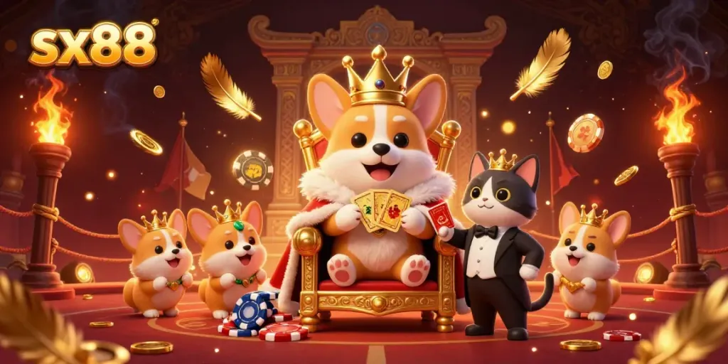 Experience the thrill of sx88 with a royal corgi on a poker throne, surrounded by gaming elements.