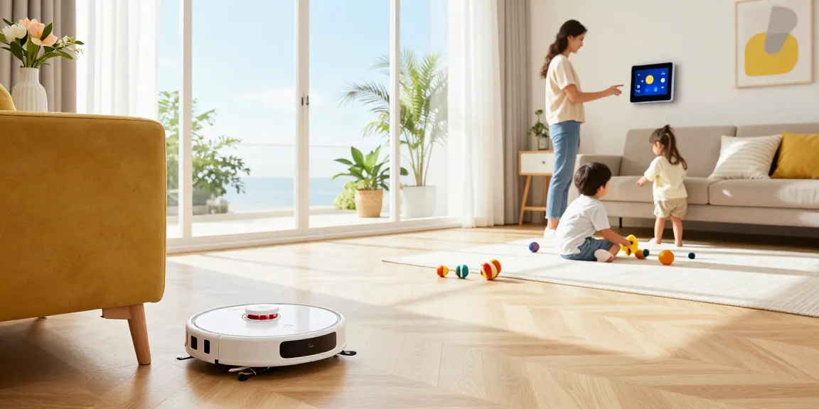 Robot vacuum 2026 navigating a bright modern home, enhancing daily life quality.