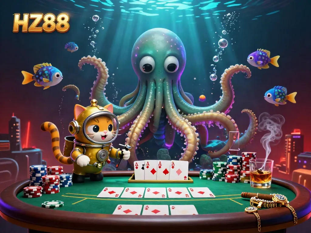 Experience exciting poker action at HZ88 with a vibrant 3D scene featuring a kraken and a diving cat.