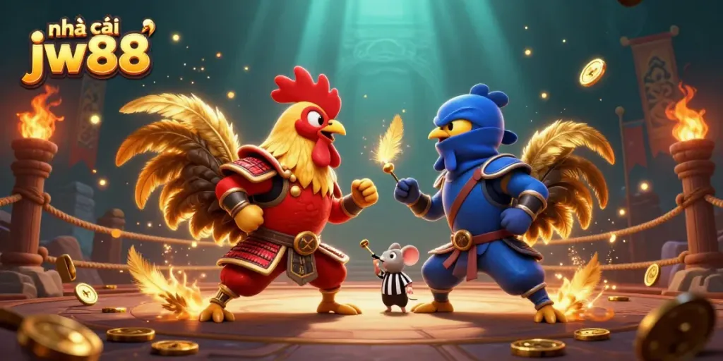Experience thrilling action at nhà cái jw88, featuring rooster warriors in a dramatic gambling arena.
