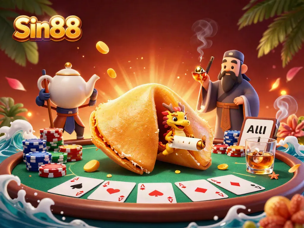 Celebrate wins at Sin88 with vibrant 3D art displaying fortune cookies and casino games in action.