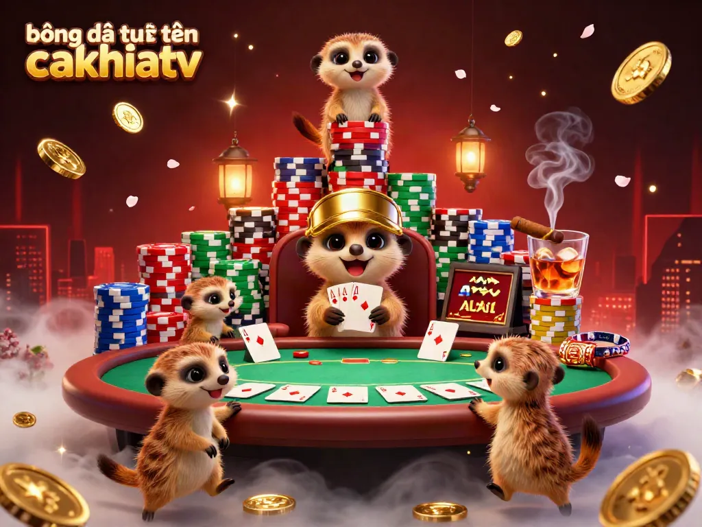 Bóng đá trực tuyến cakhiatv showcases meerkats energetically operating a casino, emphasizing a colorful poker game.