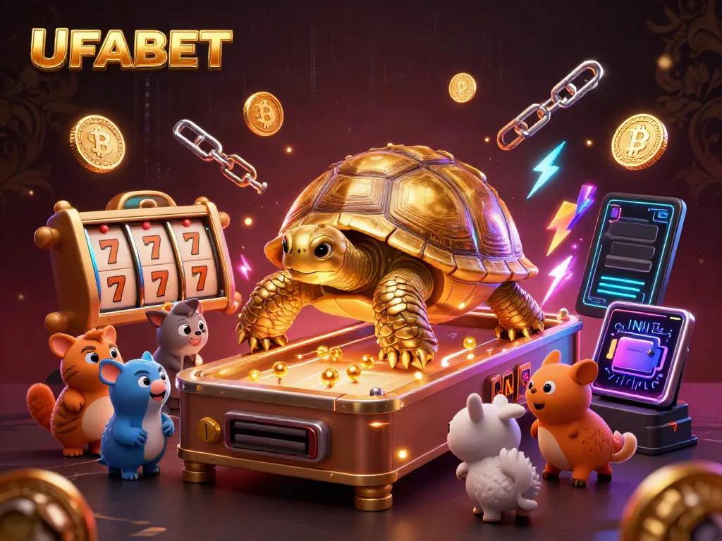 Experience thrilling gameplay at UFABET with a golden tortoise pinball machine and vibrant slot reels.