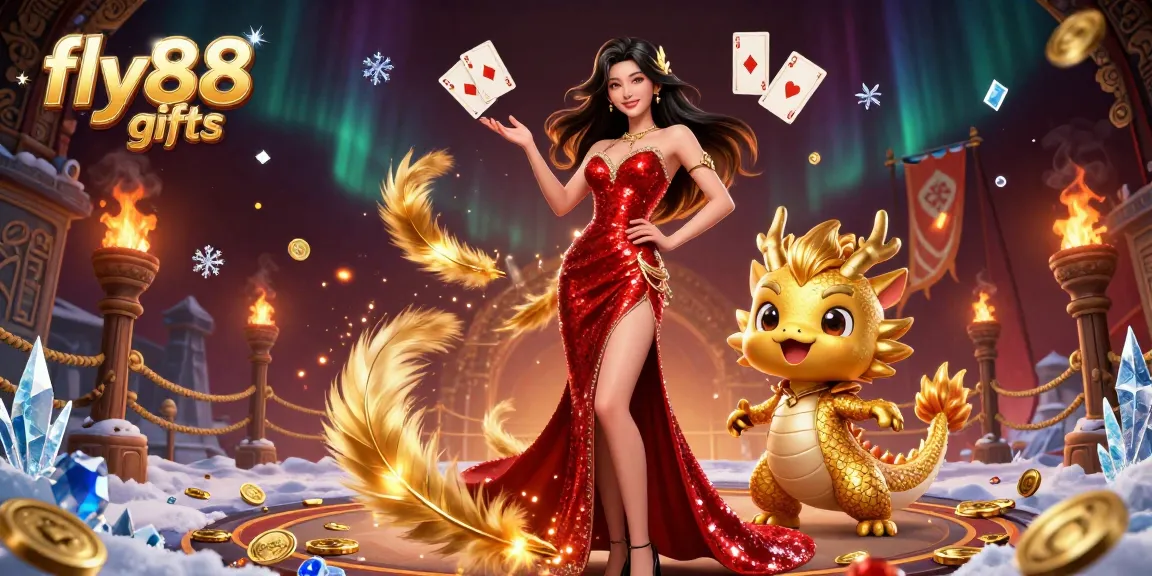 Experience fly88 gifts with exciting casino features, a captivating Asian woman, and enchanting dragon mascot.