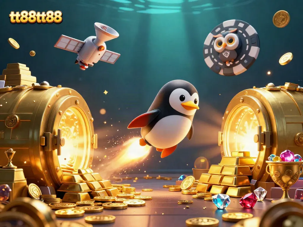 Experience excitement and adventure with tt88tt88 as the golden penguin blasts through space toward a vibrant casino!