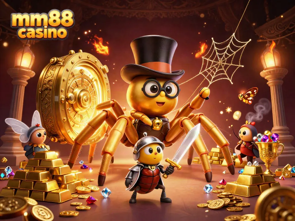 Experience the excitement of mm88 casino with a golden tarantula and knight in a vibrant gaming scene.