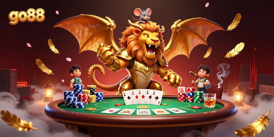 Engage with go88's dynamic 3D casino scene featuring a chimera and poker elements.