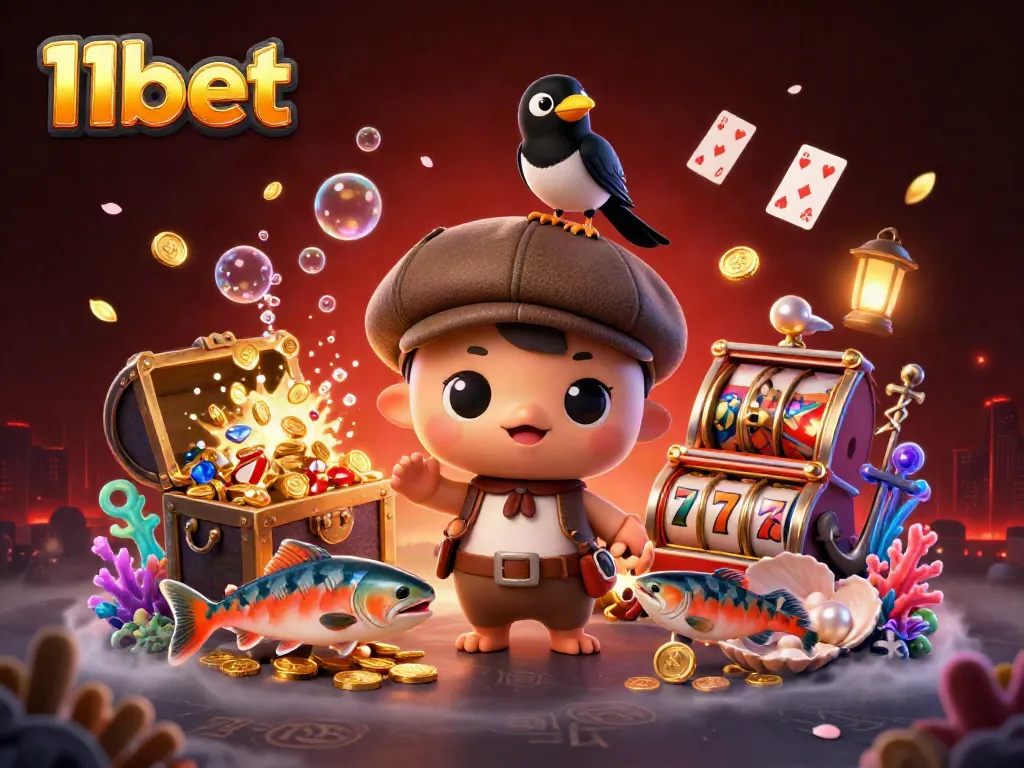 Experience fun with 11bet as cute characters surround a vibrant casino scene filled with treasures.
