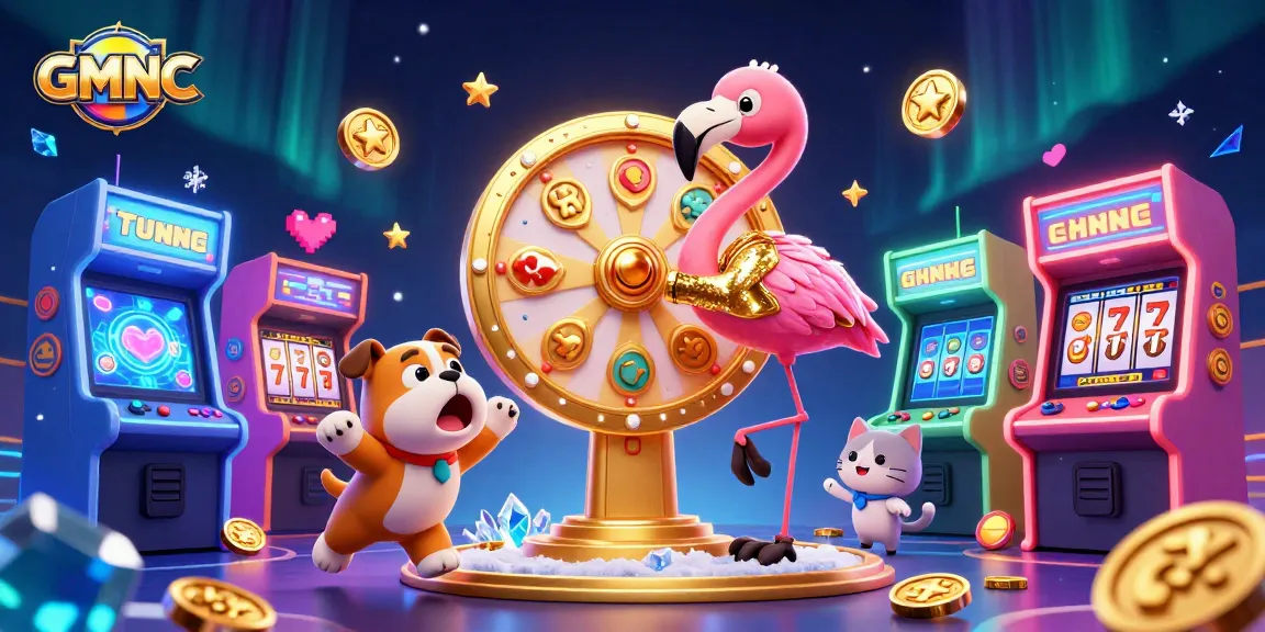 Spin the GMNC prize wheel with exciting characters in an animated casino scene.