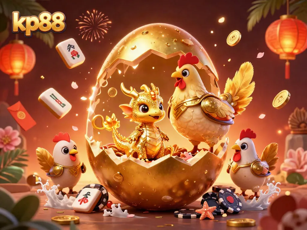 Enter the world of kp88 with this vibrant 3D illustration featuring a golden dragon on poker chips.